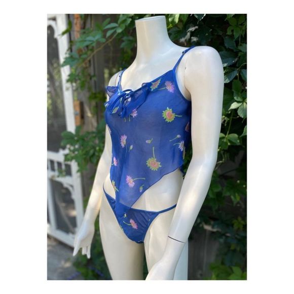 Vtg | 90s La Senza Blue Floral Lingerie Set Sleepwear Cami Panty Hankerchief Med - Picture 3 of 7